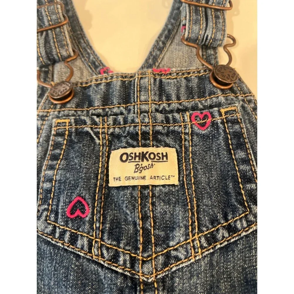 OshKosh Bgosh Baby Girls 18M Denim Overalls With Pink Heart Embroidery